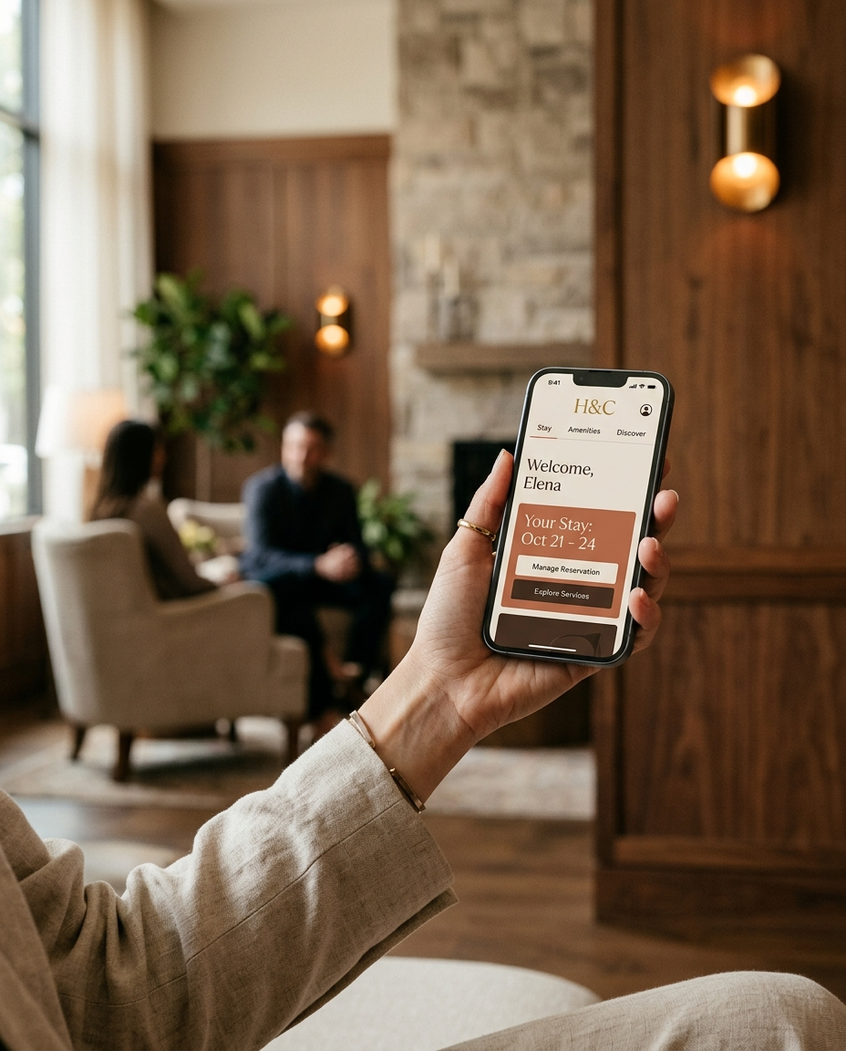 Maqueta de smartphone: demostración del «Clicavis Hôtel» en la mano